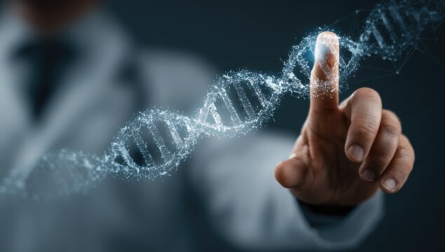 A hand touching a DNA strand