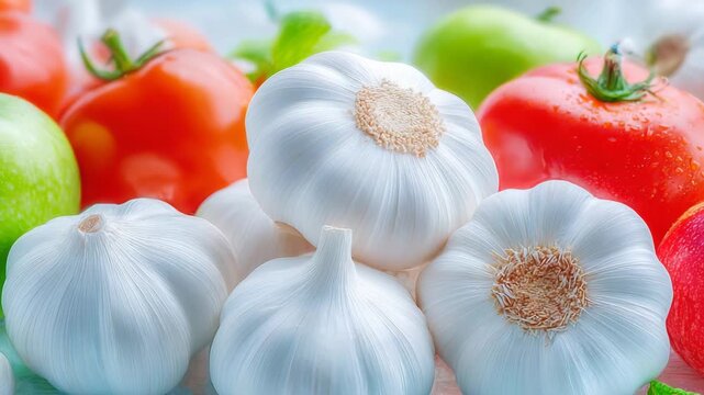 Fresh Vegetables: Vibrant close-ups of fresh garlic, tomatoes and green apples. Perfect footage for healthy eating and cooking projects.