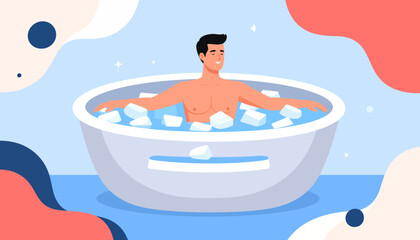 Obraz premium Young man taking a refreshing ice bath for muscle recovery and wellness. Vector illustration of cold water therapy.