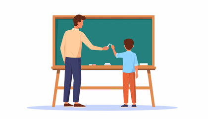 A supportive teacher guides a young male student at the chalkboard, illustrating the concept of mentorship and primary education