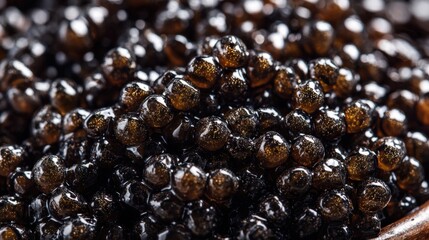 This vibrant black caviar is artistically arranged in a wooden bowl. The shiny pearls glisten in the soft candlelight, enhancing the luxurious dining experience.