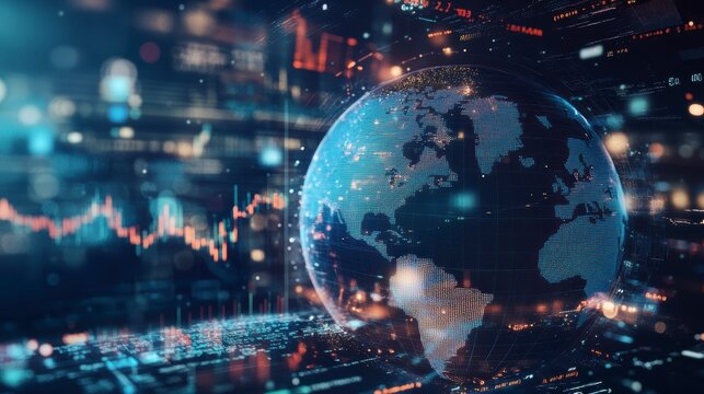 Global network connection, digital earth, data visualization, financial market.