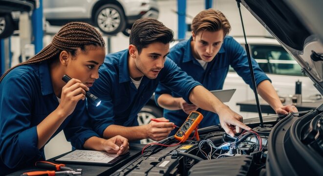 Cooperative problemsolving on vehicle lighting and circuitry by aspiring mechanics.