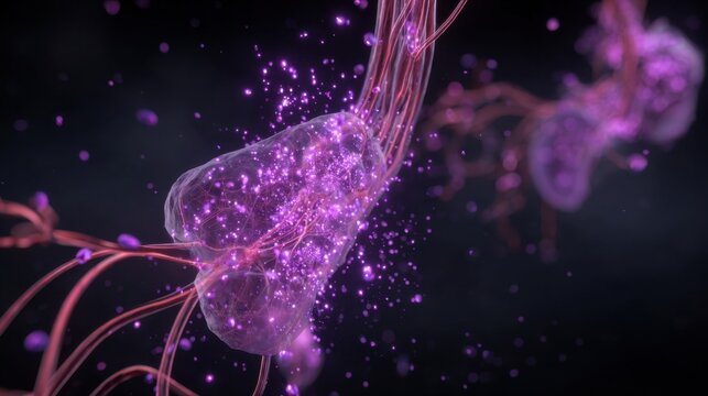 Scientific image highlighting ketone body synthesis in liver with purple gas particles dispersing through circulatory system.