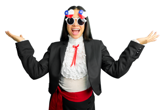 latina woman wearing a traditional chilean huasa costume celebrating with open arms and heart-shaped chilean flag glasses