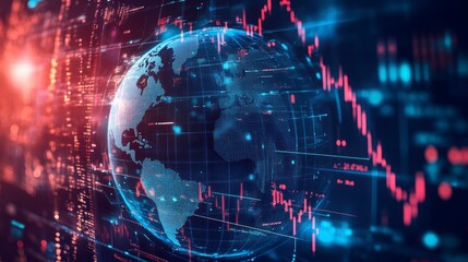 Global network, digital data, stock market graphs and world map.