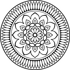 Minimalist Floral Mandala: Symmetrical Flower Design with Ornamental Leaf Border, Black Lines on White Background                                     