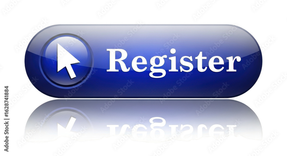 Poster a glossy blue register button with a cursor reflects below isolated on transparent background