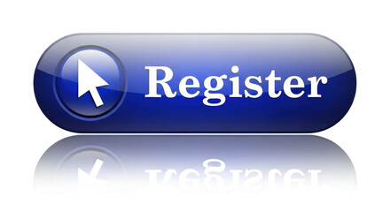 A glossy blue register button with a cursor reflects below isolated on transparent background