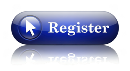 A glossy blue register button with a cursor reflects below isolated on transparent background