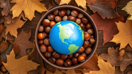 Colorful World Globe Surrounded by Acorns and Autumn Leaves in a Rustic Bowl on a Wooden Surface