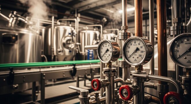Detailed view of brewing machinery and temperature gauges in a modern beer production line.