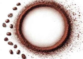  circular frame made from coffee powder, scattered with a few coffee beans on a transparent background, a flat lay shot