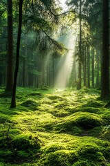 The image presents a serene forest atmosphere with sunbeams, providing a natural setting for product displays, where the stones are blanketed with green moss