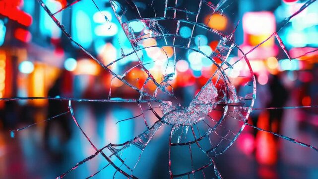 A shattered window pane with the lights of a bustling city reflecting off its surface in the rain.