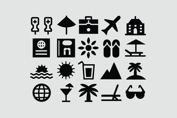 Holiday icon set. Containing vacation, plane, passport, hotel, palm tree, travel, beach, sunset, island and more. Solid vector icons collection.