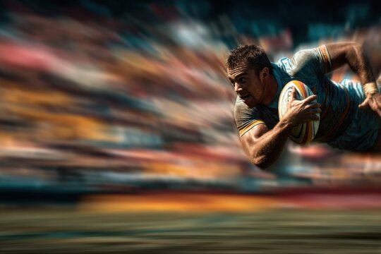 A rugby player is making a decisive sprint towards the try line amidst a lively crowd, showcasing athleticism and focus during a summer match