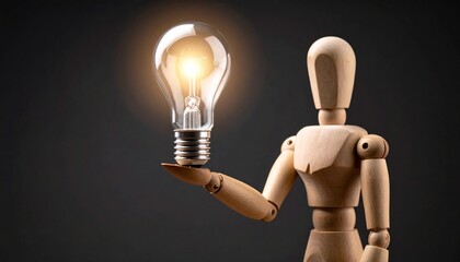 Creative Wooden Mannequin Holding a Brightly Lit Incandescent Light Bulb Innovation Concept