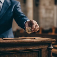 Business man in a suit with a bitcoin dropping the coin into a coffer or donation box at a church or other place of worship