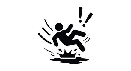 Falling stick figure with exclamation marks on a slippery surface, caution and accident prevention