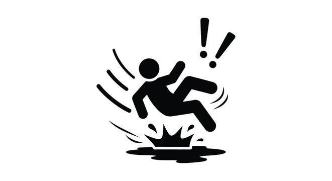 Falling stick figure with exclamation marks on a slippery surface, caution and accident prevention