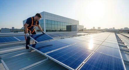 Expert installing blue solar cells on large commercial building roof.