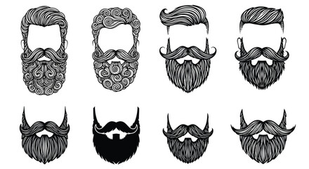 Ssorted detailed beards and mustaches, various styles of facial hair, barber shop elements
