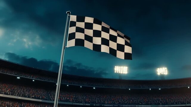 A checkered flag is flying in the air above a stadium full of people. The flag is black and white with a red circle in the middle. The stadium is filled with people watching the flag