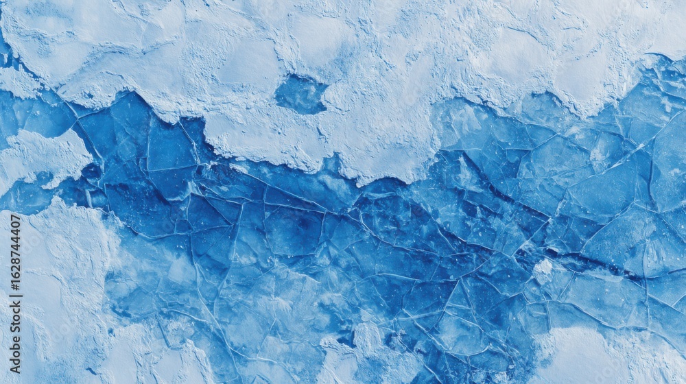Poster interconnected cracks and frost create intricate patterns on the surface of a frozen lake, highlight
