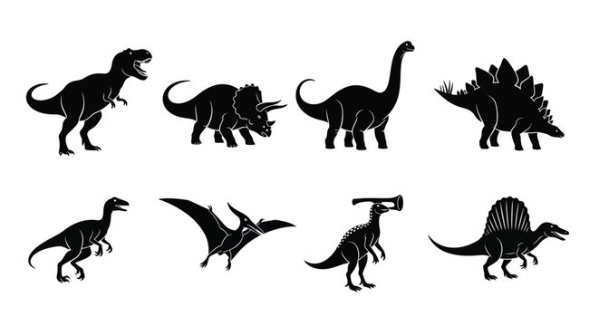 Ssorted dinosaur silhouettes, including Tyrannosaurus Rex, Triceratops
