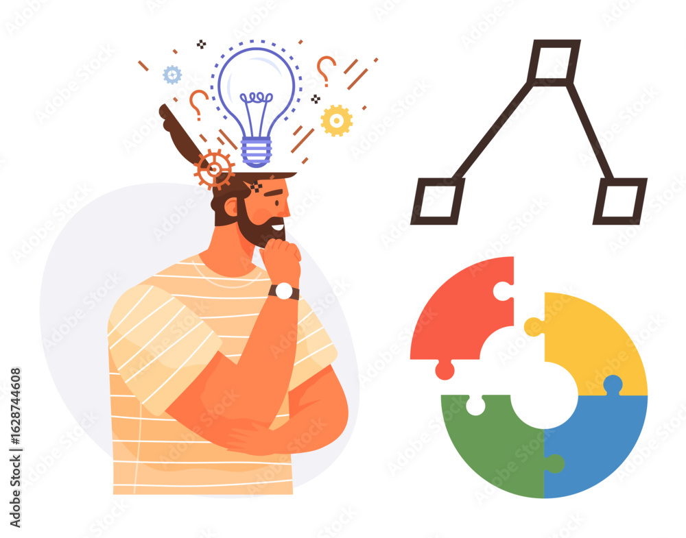 Aufkleber man thinking with lightbulb illustration above his head, surrounded by flowchart and puzzle graphics
