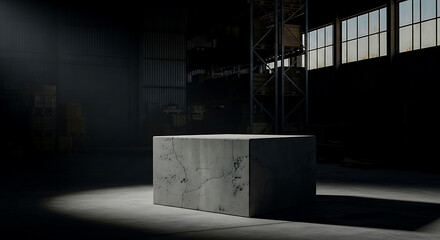 Illuminated concrete pedestal in a dark industrial warehouse setting