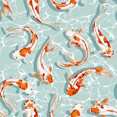Japanese carp in the water, illustration with fish, marine  seamless pattern