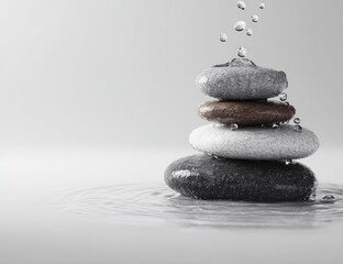 Stacked stones, water droplets, serene scene
