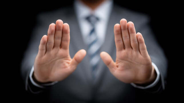 A businessman in a suit holding his hands up in a stopping gesture. - Powered by Adobe