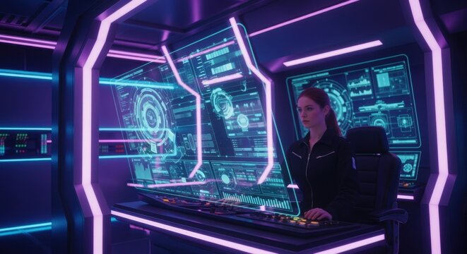 Spaceship crew member in uniform working at high tech control panel with holographic display, managing interstellar travel and navigation in futuristic spacecraft command center