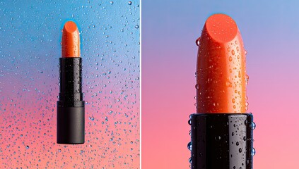Close-up of an orange lipstick,  wet glass