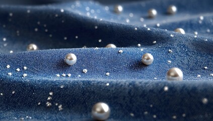 Close-up denim fabric with pearls