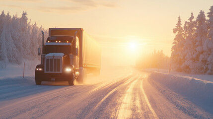 Truck driving on snowy road during sunset in winter landscape