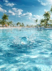 Clear sphere splashing in turquoise water, tropical beach