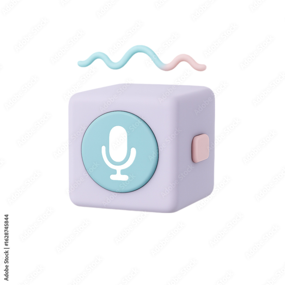 Poster 3d cute microphone icon on a cube with sound waves isolated on transparent background