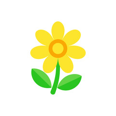 Stylized yellow flower with green leaves isolated on transparent background