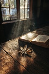 An open book rests on a rustic wooden table bathed in sunlight streaming through a window