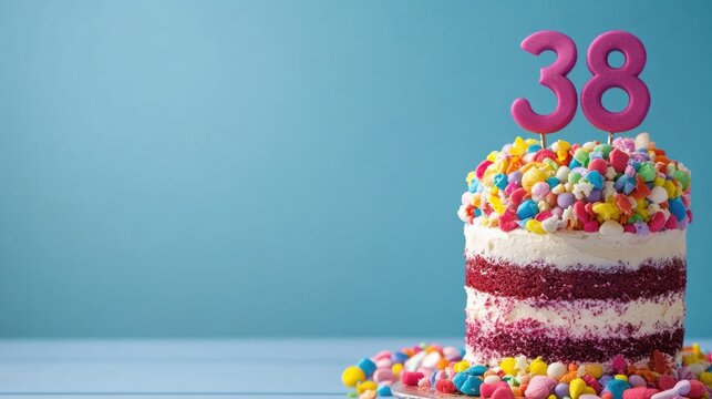 Colorful birthday cake with candles celebrating milestone age