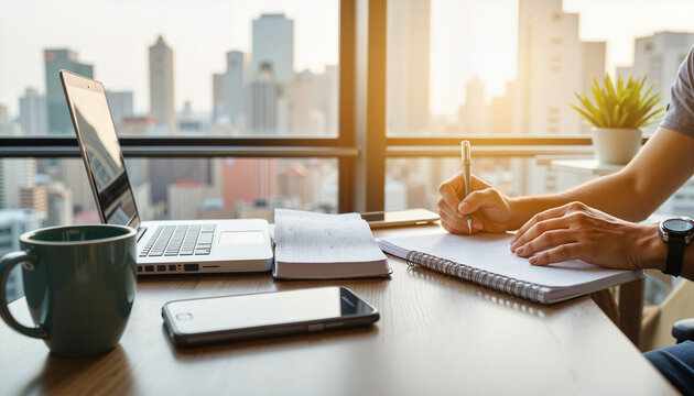 Focused man organizing plans at office desk with skyline view, productivity - Powered by Adobe
