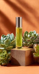 Green oil roller on wood, succulents