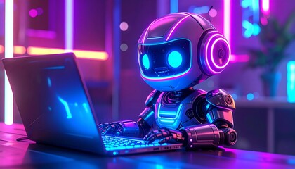 Futuristic Robot Engaged in Coding on a Glowing Laptop in a Neon-Lit Office
