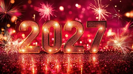 Golden numbers depicting the year 2027 stand out against a bright pink background, surrounded by colorful sparkles that create a festive atmosphere filled with excitement and joy