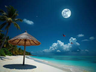 Straw umbrella on tropical paradise sandy beach in Maldives. Palm trees on ocean shore. 
Night sky with cloud. Travel photo. 
Full moonlight, flying red macaw parrot.