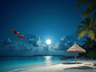 Straw umbrella on tropical paradise sandy beach in Maldives. Palm trees on ocean shore. 
Night sky with cloud. Travel photo. 
Full moonlight, flying red macaw parrot.